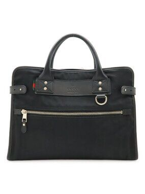 Gucci Business Briefcase Document Purse Nylon Canvas Black Silver